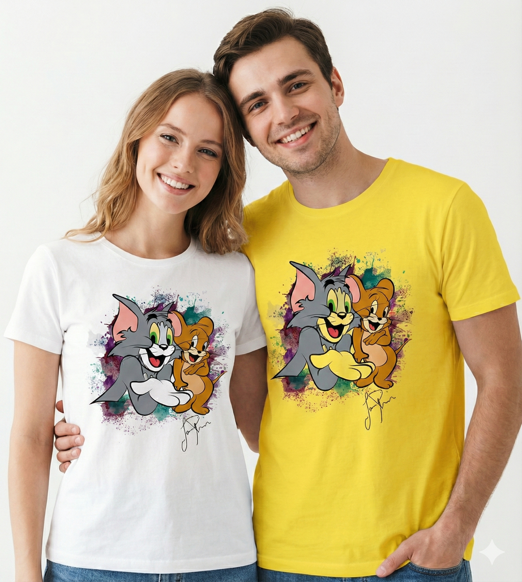 Couple wearing Tom and Jerry tees