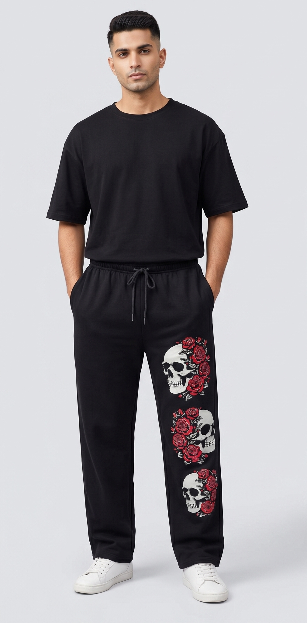 Black Triple Skull Rose Graphic Streetwear Trackpants | Men