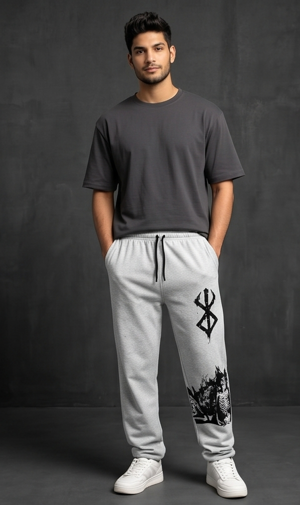 Berserk Anime Graphic Melange Grey Streetwear Joggers | Men