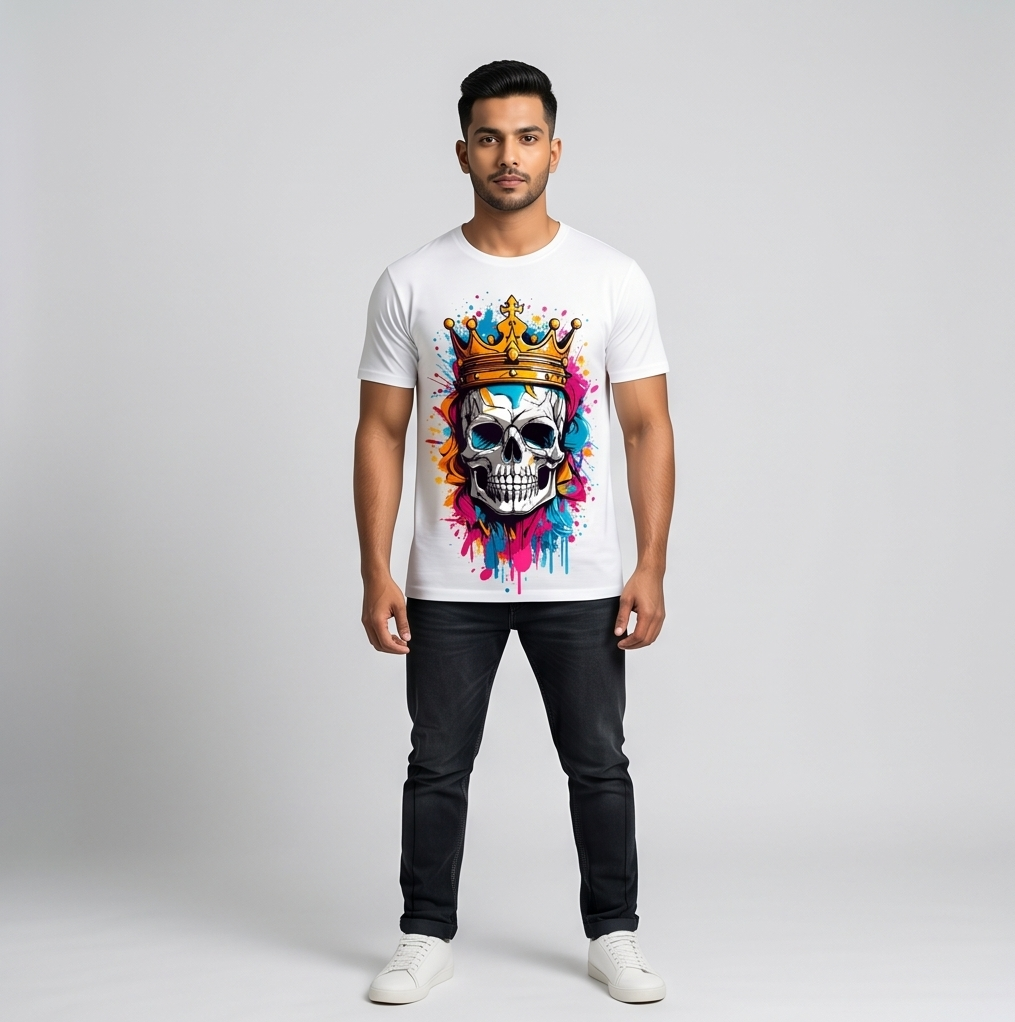 Crown Skull Splash White T-Shirt - Front