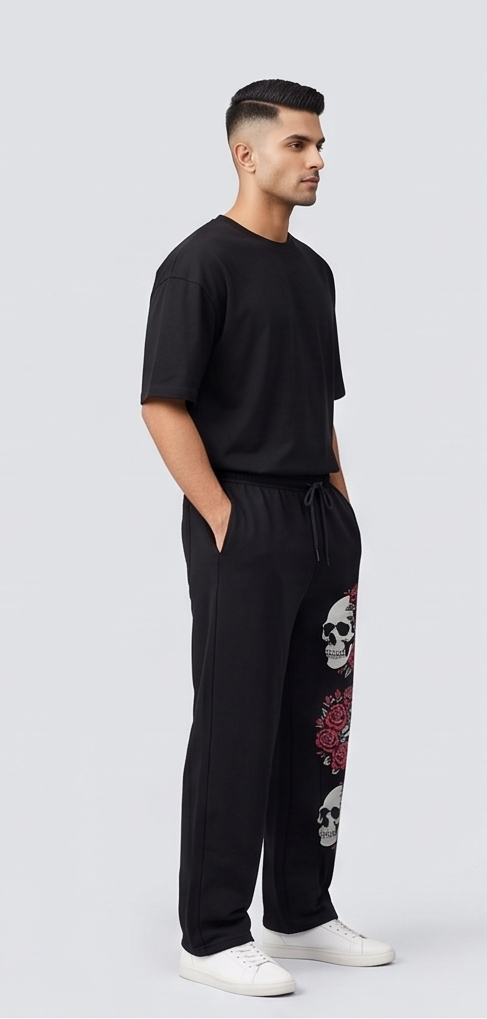 Black Triple Skull Rose Graphic Streetwear Trackpants | Men