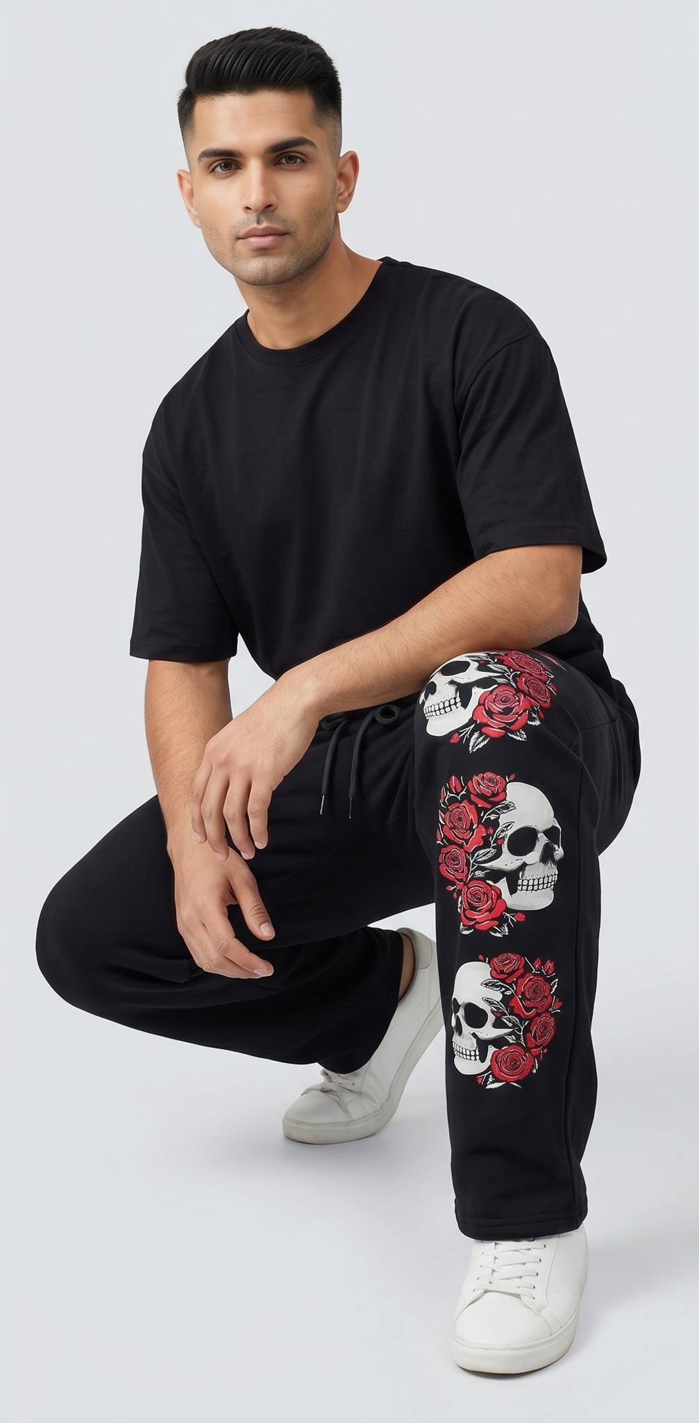 Black Triple Skull Rose Graphic Streetwear Trackpants | Men
