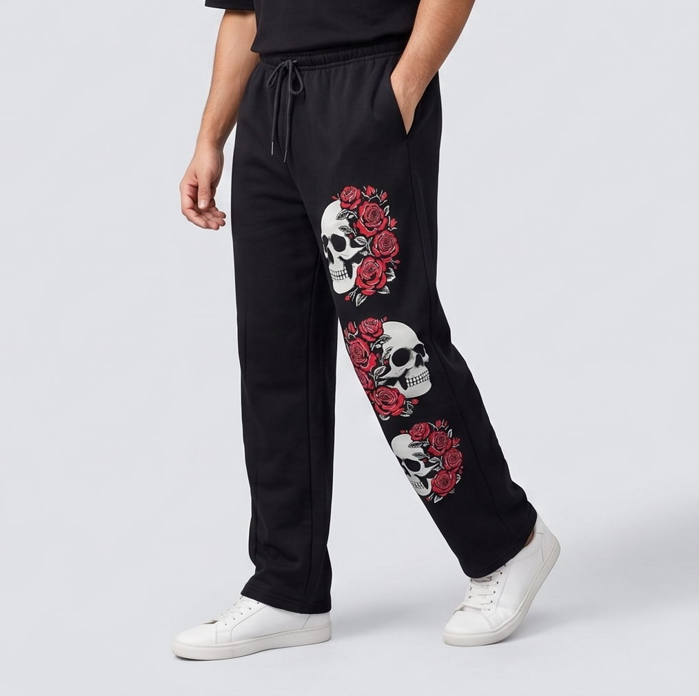 Black Triple Skull Rose Graphic Streetwear Trackpants | Men